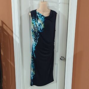 Tahari Black and Blue Tropical Print Midi Dress Size Large